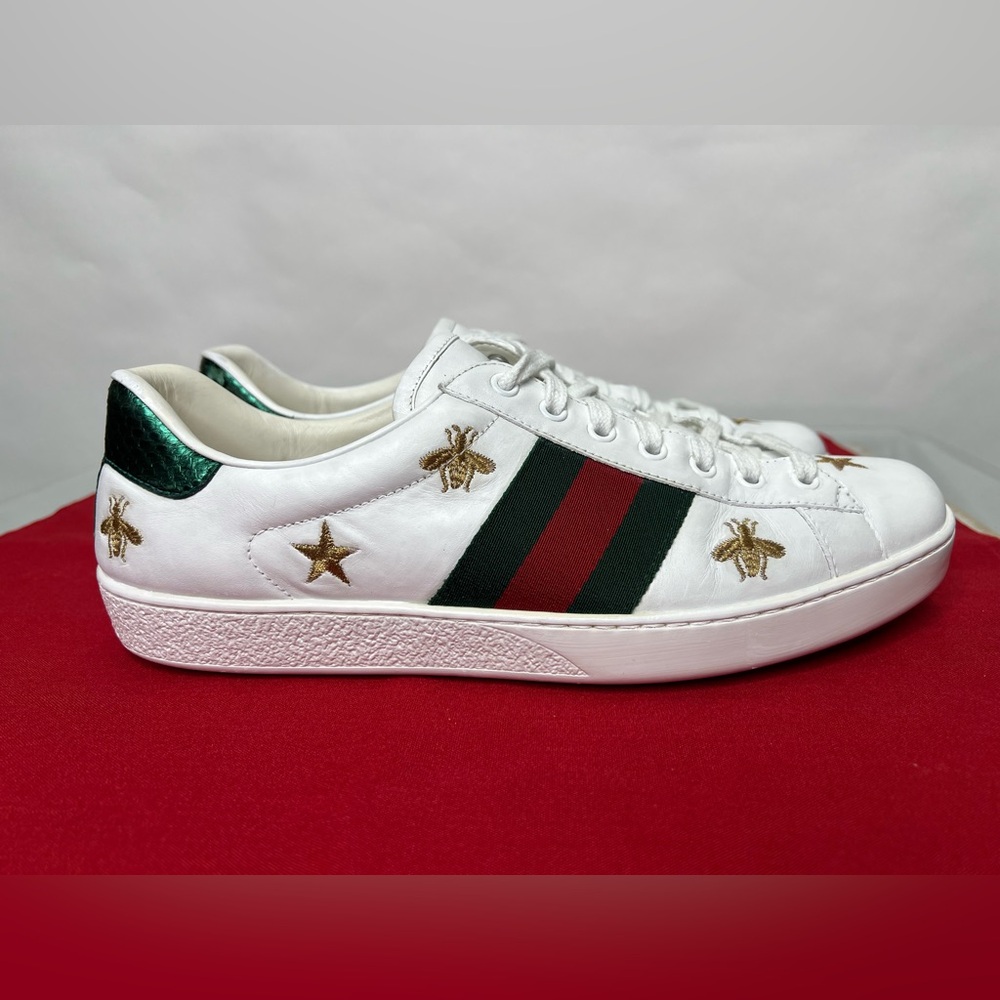 Gucci Ace Sneakers Embroidered Stitched White Green Gold Bees Stars - Picture 5 of 9